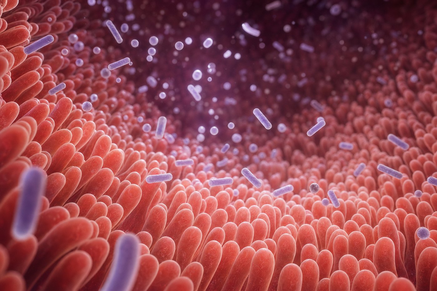 Pared intestinal con bacterias probióticas