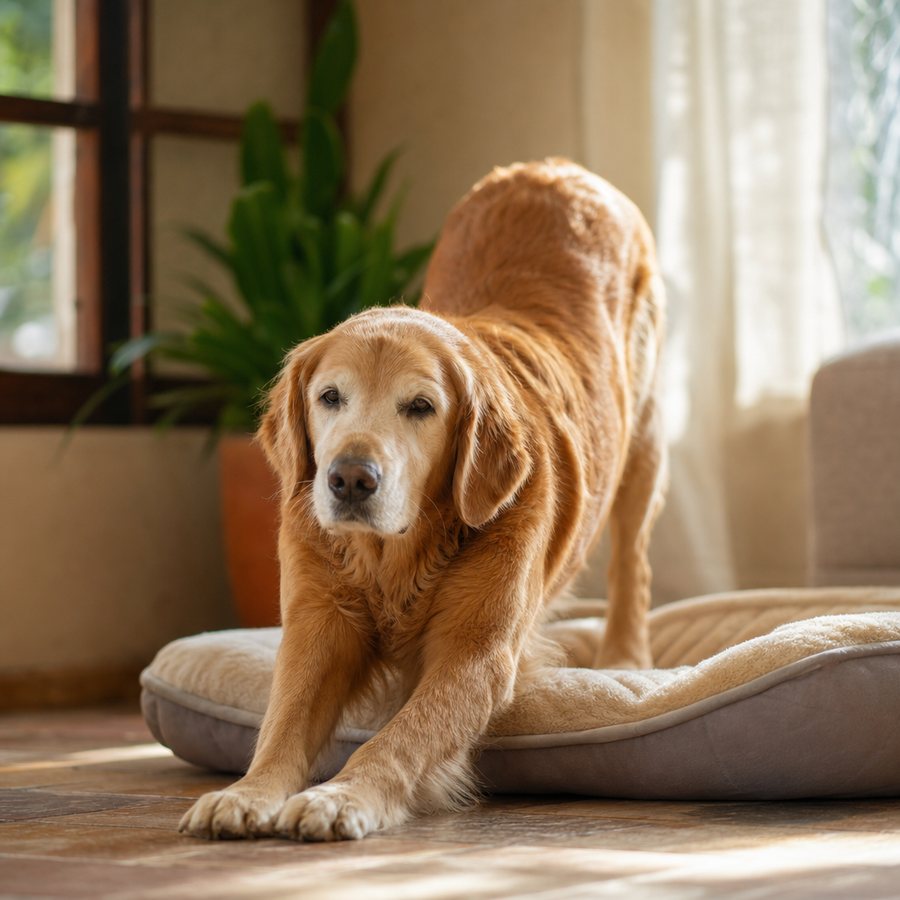 Perro golden senior levantándose de su cama con facilidad