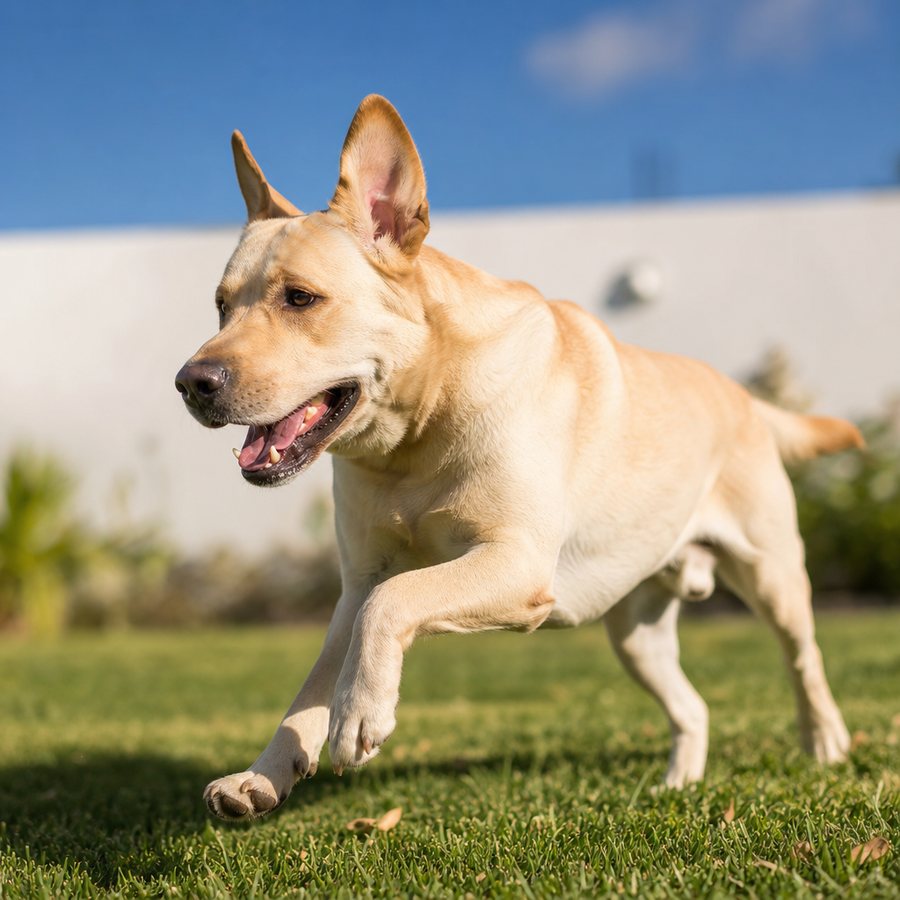 Labrador corriendo con energía en el jardín