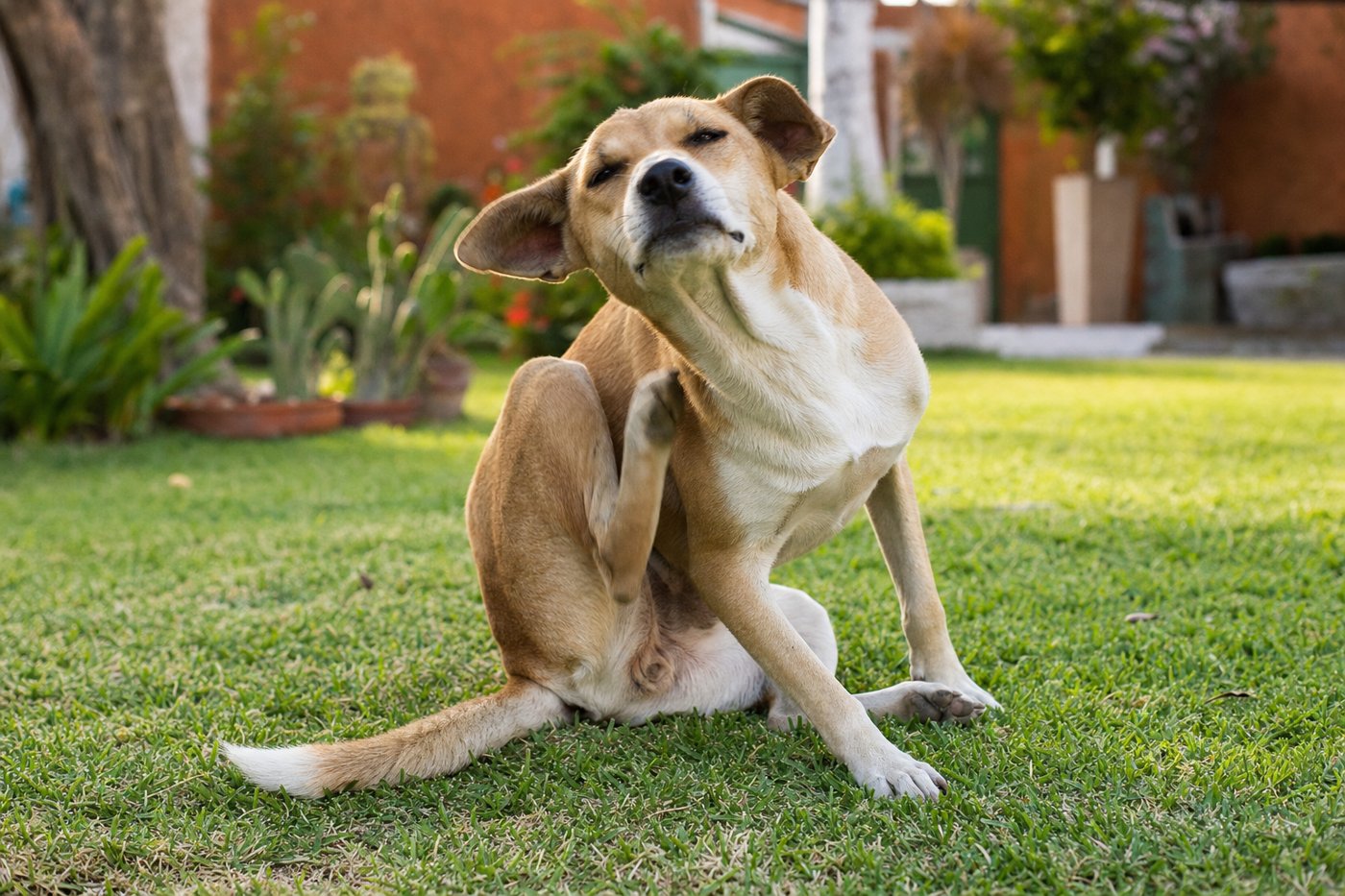 Perro rascándose en el pasto