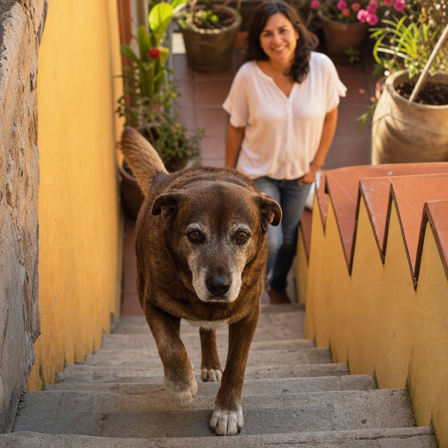 Perro senior subiendo las escaleras de su casa