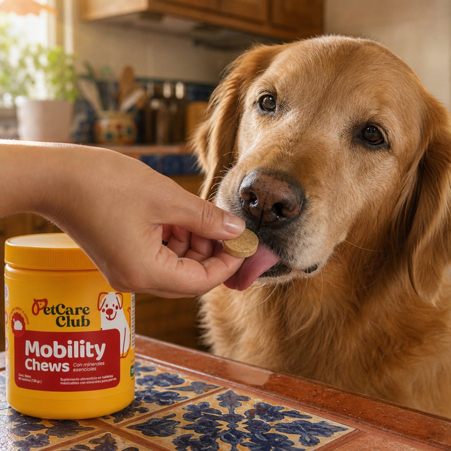Perro tomando su tableta de Mobility Chews de la mano de su dueña