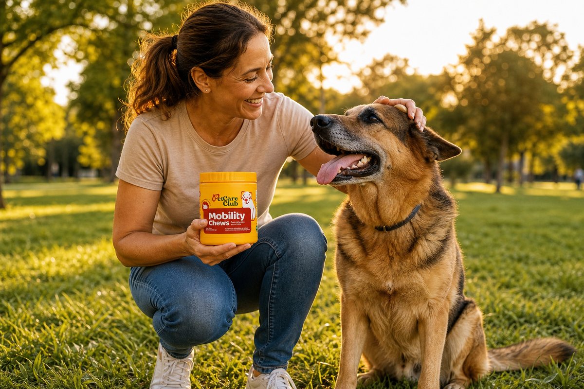 Mujer con su perro senior y el bote de Mobility Chews en el parque