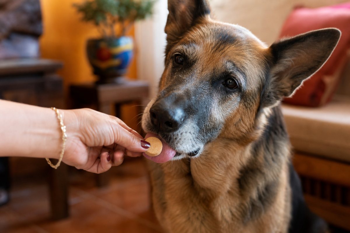 Perro senior tomando su tableta de la mano de su dueña