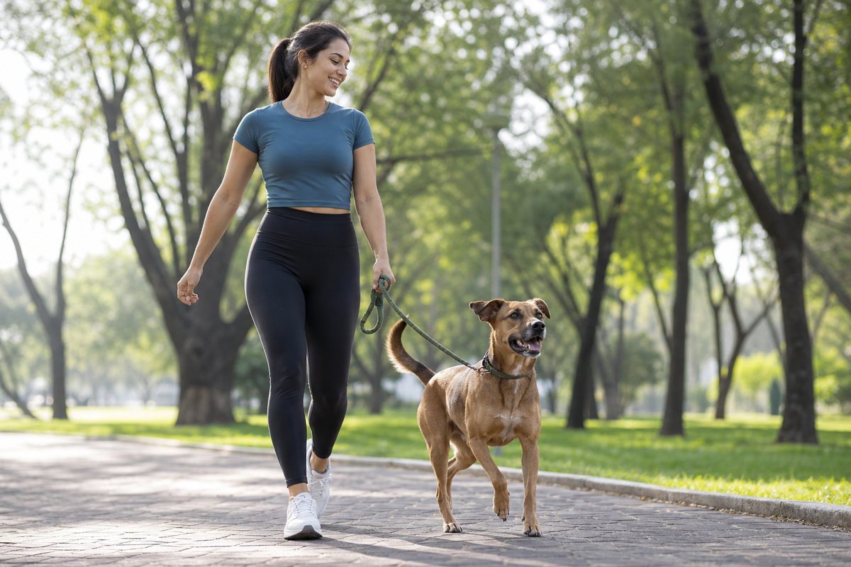 Perro caminando con energía en el parque junto a su dueña