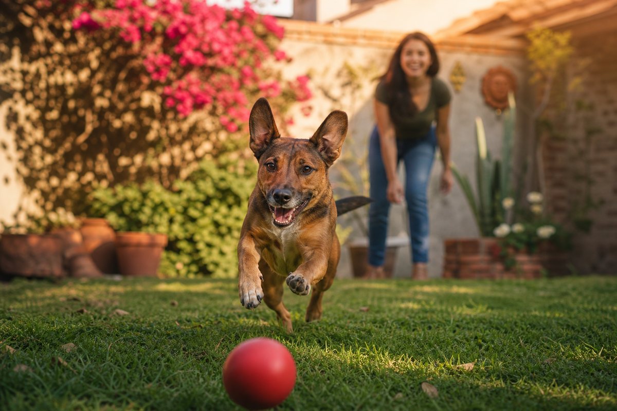 Perro corriendo y jugando con la pelota en el jardín