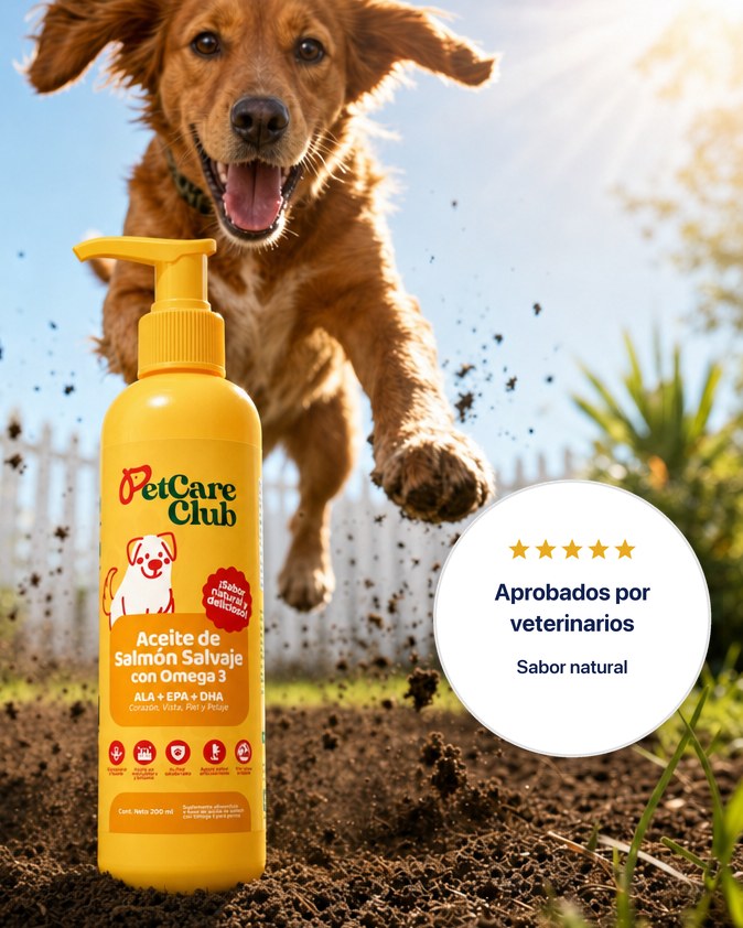 Botella de Aceite de Salmón PetCare Club con dosificador, un perro corriendo detrás