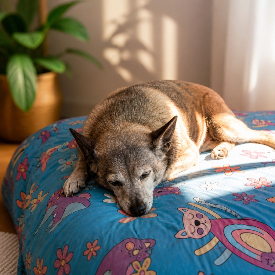 El mismo perro echado en su cama, sin ganas de moverse