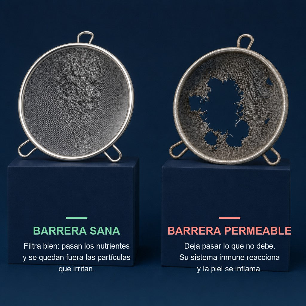 Comparativa: barrera intestinal sana como un colador intacto contra barrera permeable como un colador roto