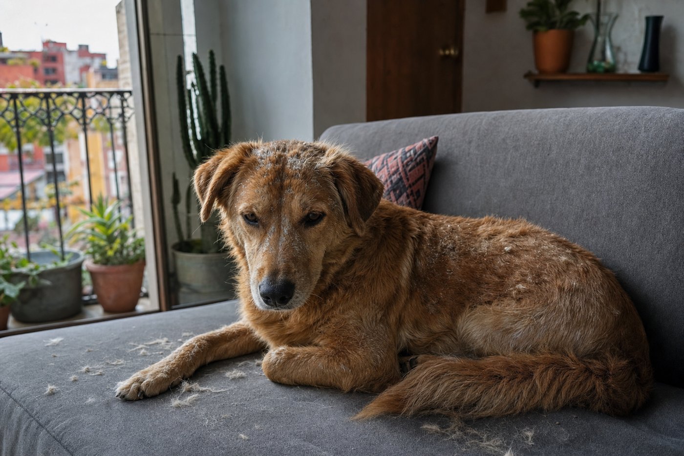 Perro con el pelaje opaco y seco en el sillón