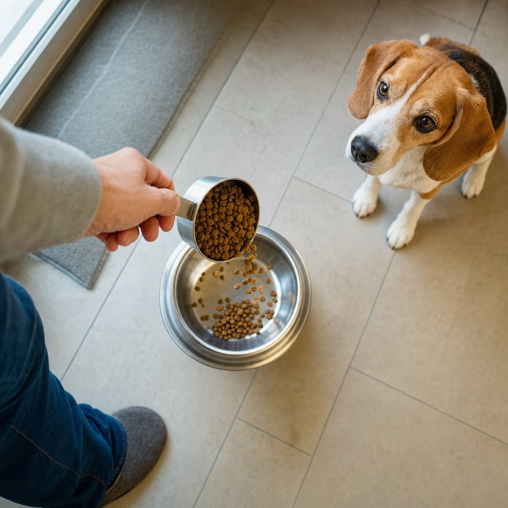 Ración de croquetas servida con taza medidora, con un beagle esperando al lado