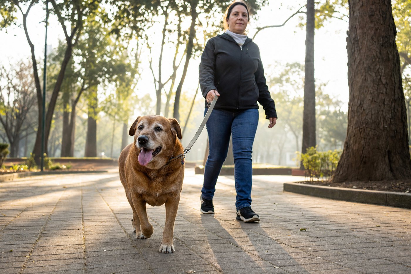 Mujer paseando a su perro senior por un parque en la mañana