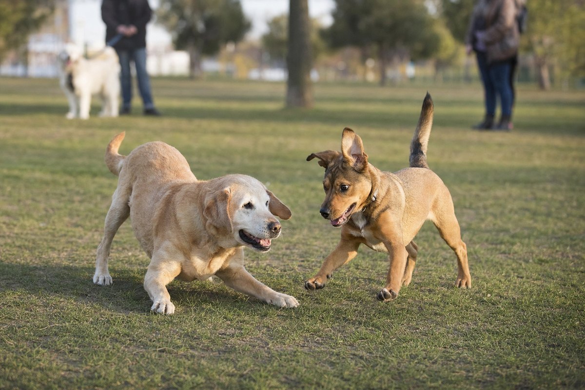 Dos perros jugando juntos en el pasto de un parque